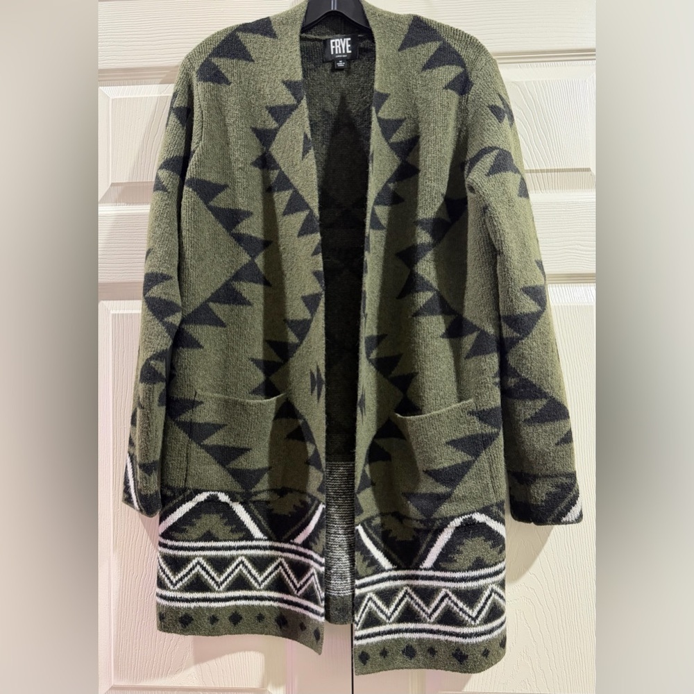 Frye Womens The Cozy Cardigan Womens Medium Green Burnt Olive Combo Open Front